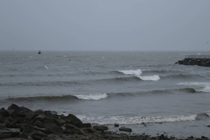 A seagull rides the wind gusts at Bridgeport&#x27;s St. Mary&#x27;s By The Sea during Thursday&#x27;s rainstorm.
