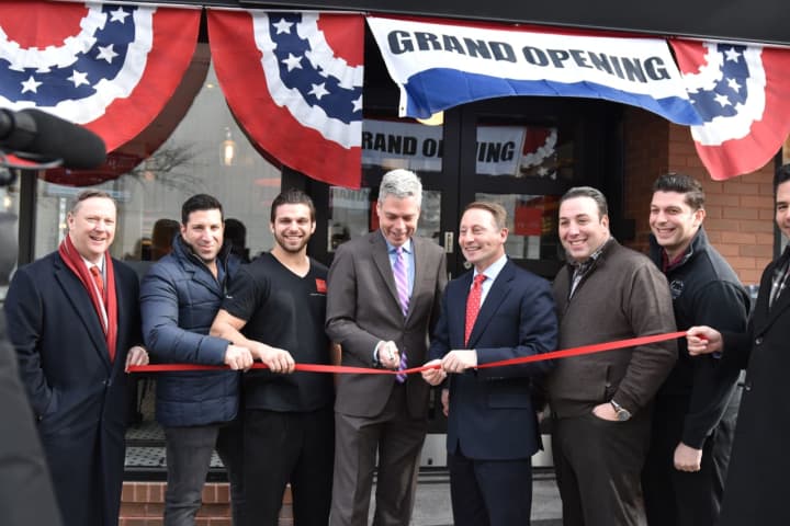 Mayor Tom Roach and County Executive Rob Astorino at Pizzeria Veloce ribbon cutting in White Plains.
