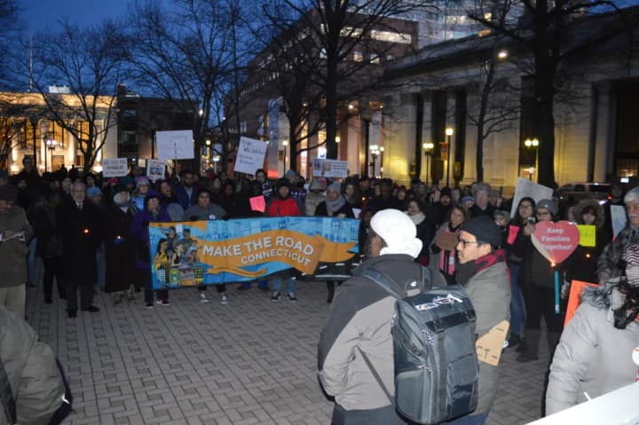 Make the Road CT and their allies gather last week for a rally to protest President Donald Trump&#x27;s executive order on immigration. A rally is scheduled Monday from 6 to 8 p.m. at Bridgeport City Hall.