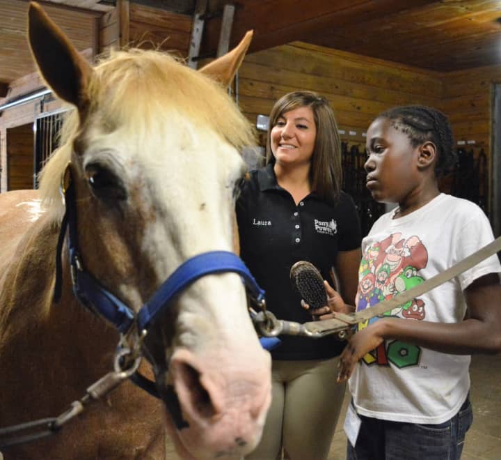 Laura Maresciallo, classroom curriculum coordinator at Pony Power Therapies, introduces a horse to a new friend.