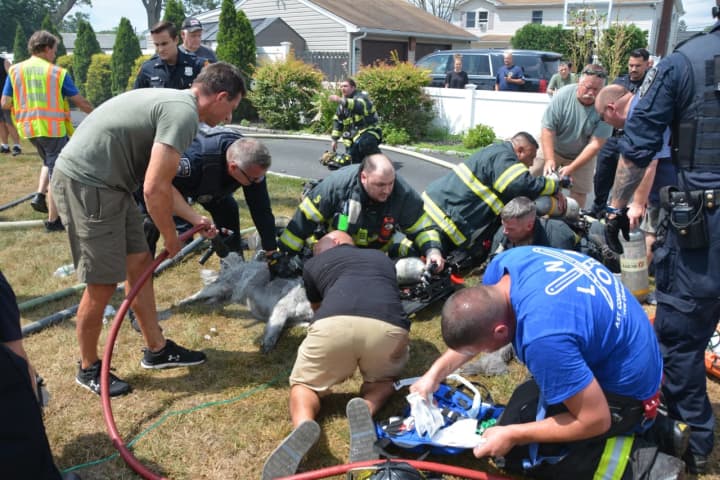 Firefighters rescued a 19-year-old woman and three dogs from a burning house in Islip Terrace.