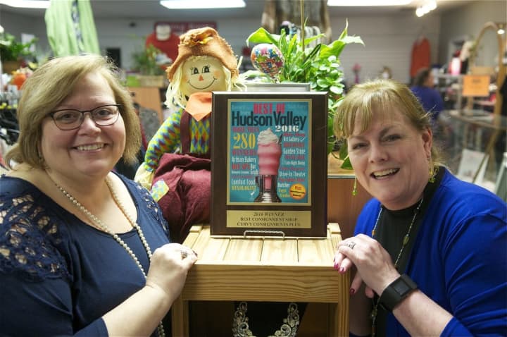 Owner Cathy Meyer (L) and Kathy Craven with the store&#x27;s 2016 award for Best Consignment Shop in the Hudson Valley, handed out by Hudson Valley Magazine.