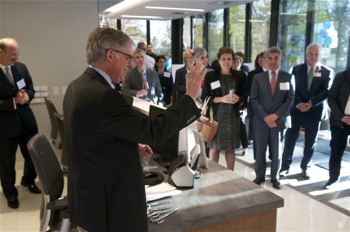 Columbia University Medical Center COO Mark McDougle speaks to the crowd at Wednesday&#x27;s reception.