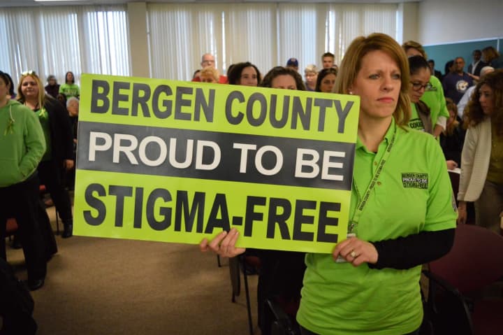 Michele Hart-Loughlin of Old Tappan stands in support of Bergen County Executive Jim Tedesco&#x27;s impassioned defense to retain state funding for mental health services.