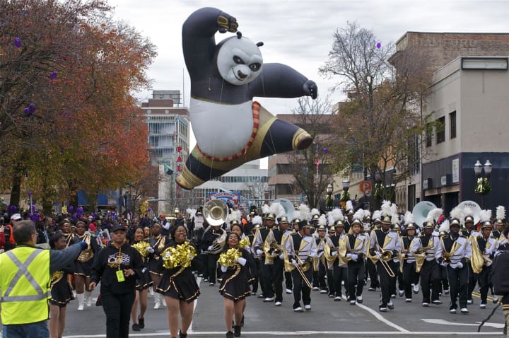 Kung Fu Panda kicks things off as he makes his debut in Stamford&#x27;s UBS Parade Spectacular on Sunday afternoon.