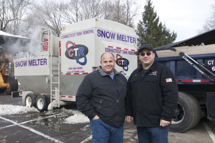 Fairfield Director of Public Works Joe Michelangelo (left) and Connecticut Tank Removal President Joe Palmieri showed off the Snow Melter on Friday in Fairfield.