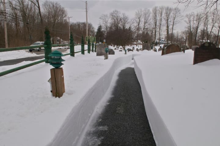 Snow was deep in Hopewell Junction. This path leads from a parking lot to the Hopewell Reformed Church.
