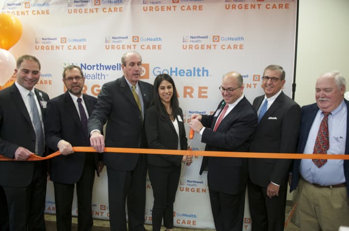 Hospital and area officials, including Westchester Deputy County Executive Kevin Plunkett (second from L) and Phelps Hospital President Daniel Blum (second from R), cut the ribbon at the facility in Tarrytown.
