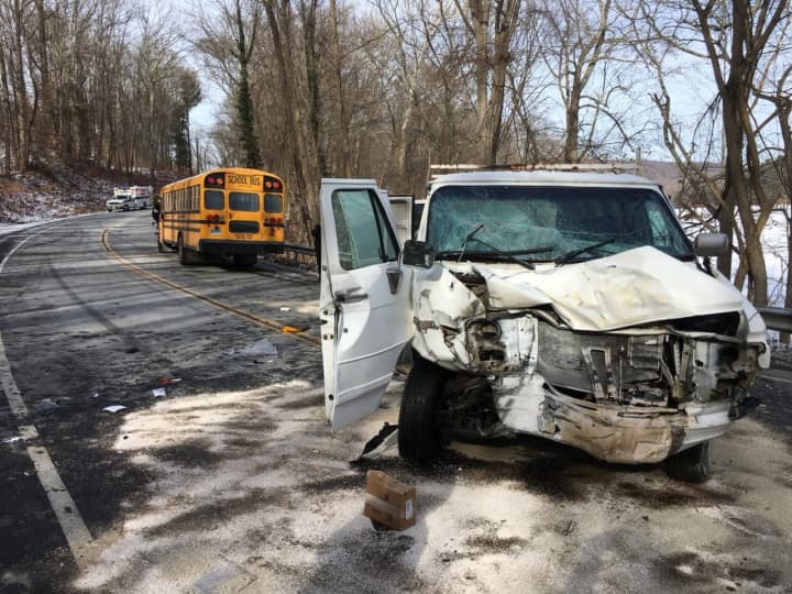 Route 34 is closed in Monroe near the Stevenson Dam after a crash involving an empty school bus.