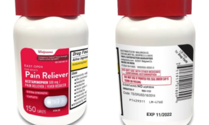 A 150-count bottle of Walgreens Pain Reliever Acetaminophen.