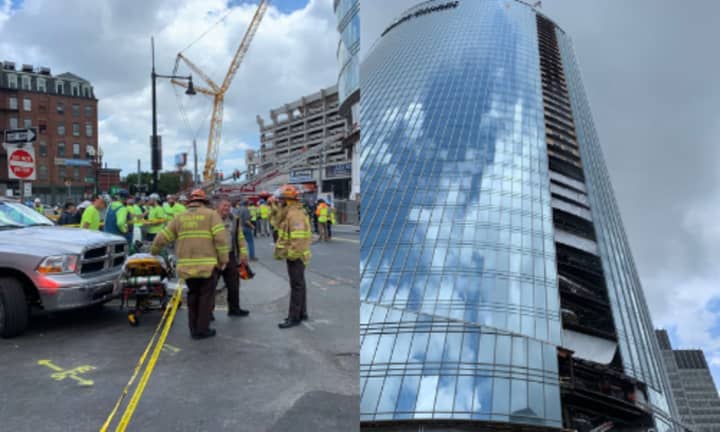 Crews at the scene of the fire (left) at the high-rise located at 1 Congress Street (right)