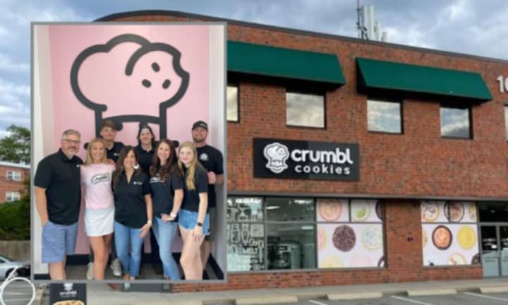 The owners (left) of the new Crumbl Cookies location in Waltham (right)