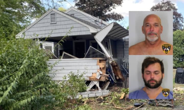 Robert Dupont (top right) and Timothy Fortin (bottom right) were arrested after driving into a house in Wilmington (back)