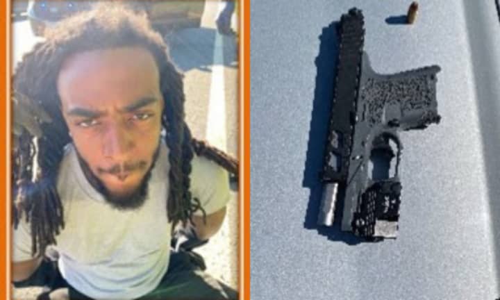 John William McManus Jr. (left) and the ghost gun recovered during his arrest (right).