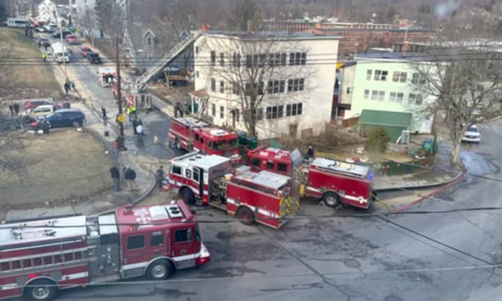 Crews respond to a multi-alarm fire at 10 Plymouth Street in Fitchburg on Thursday, Feb. 16
