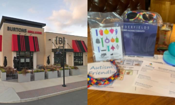 The outside of Burton&#x27;s Grill &amp; Bar (left) and an example of the sensory bag given to dinner guests