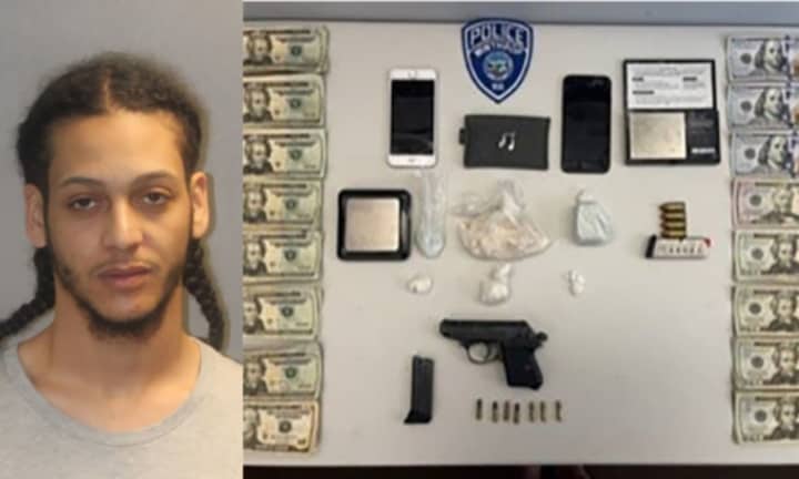 Victor Martinez (left) and items seized from his possession (right)