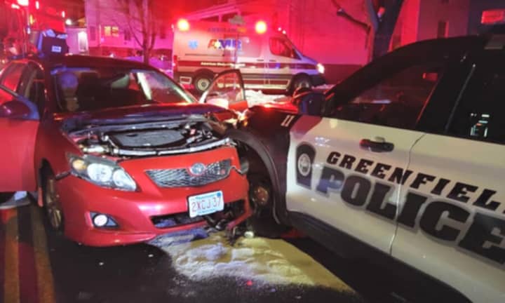 A Toyota Corolla crashes into a Greenfield Police patrol car on Wednesday night, March 1