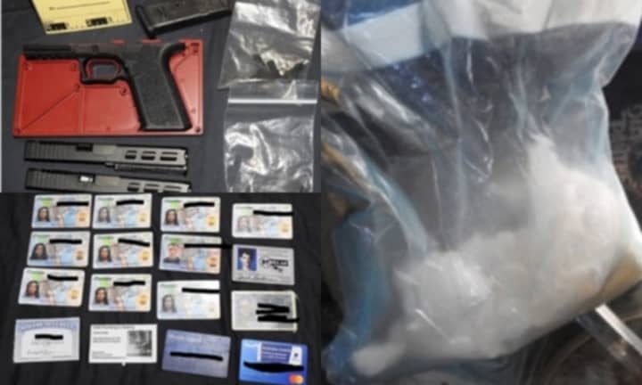 Ghost guns (top left), driver&#x27;s licenses (bottom left) and illegal substances (right) were some of the objects seized during the investigation