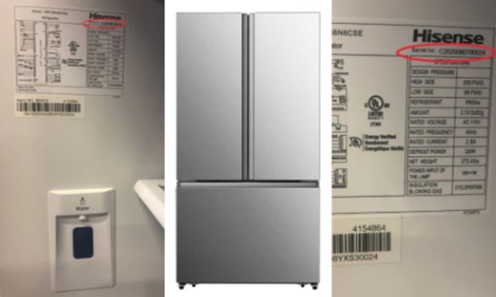Images of the recalled refrigerator (center) and how to identify it&#x27;s serial and model number