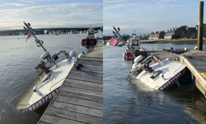 A pedestrian discovered Newburyport’s fire boat, Marine 1, partially submerged at 4 a.m. Friday.