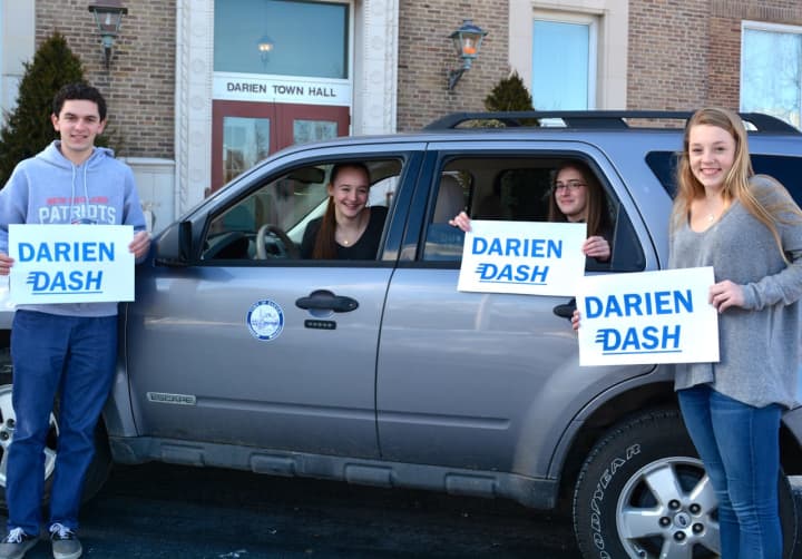 Darien Youth Commission members at the town hall, Ben Bidell, Amanda Barlow, Alyssa Farrell and Samantha Ball. Register will begin Monday for the DYC &quot;Darien Dash&quot; scavenger hunt.