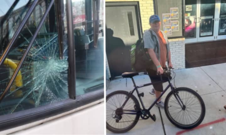 This man used his bike to smash an MBTA bus on Medford Street in Arlington, transit police said.