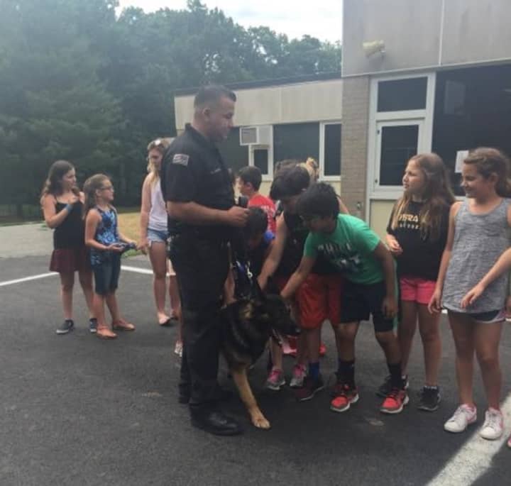 Viola Elementary School students pet one of Ramapo&#x27;s K-9s during Thursday&#x27;s demonstration at the school.