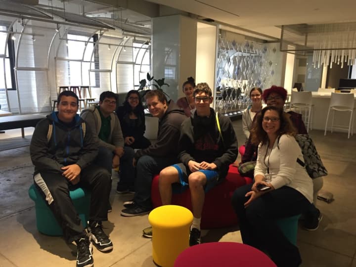 BOCES teacher Christine Ireland, right, with interior design, architecture and pre-engineering students in one of the New York Design Center&#x27;s showrooms in October.