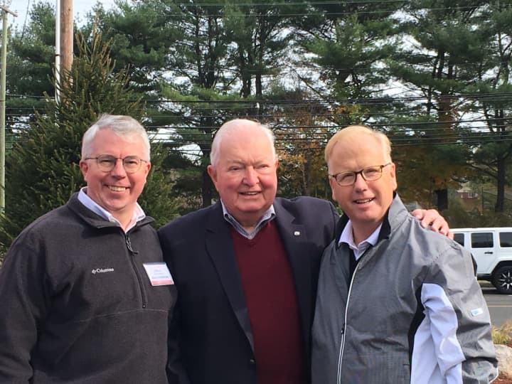 Adam Dunsby, former state Rep. John Stripp and Danbury Mayor Mark Boughton visit Weston.