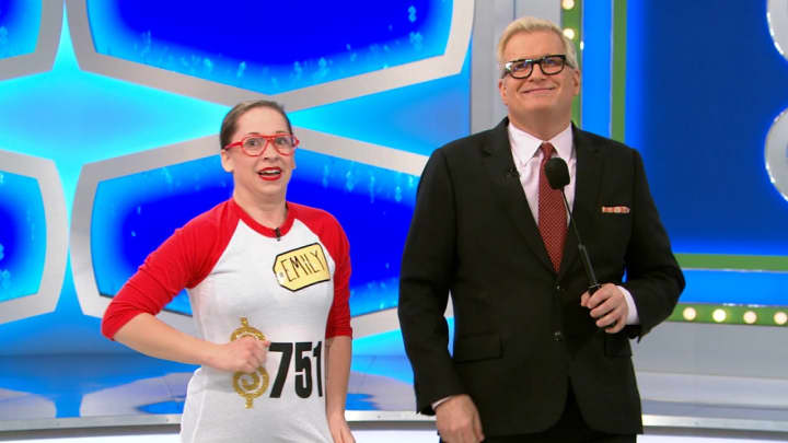 Emily Pilkington with host Drew Carey on &quot;The Price Is Right.&quot;