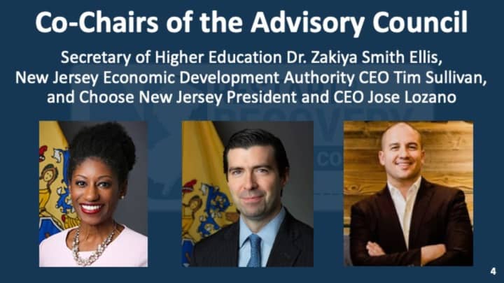 The council will be helmed by Secretary of Higher Education Dr. Zakiya Smith Ellis, NJ Economic Development Authority CEO Tim Sullivan and Choose NJ President and CEO Jose Lozano.