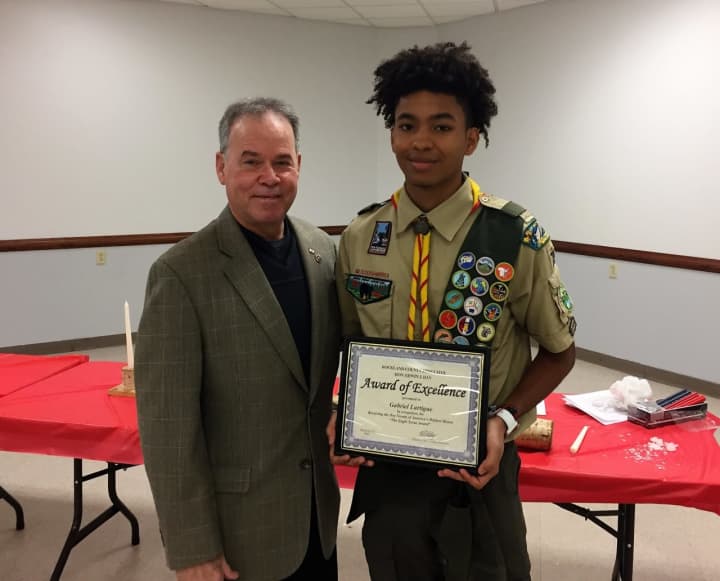 Eagle Scout Gabriel Lartigue of Montebello, right, was honored by Rockland County Executive Ed Day.