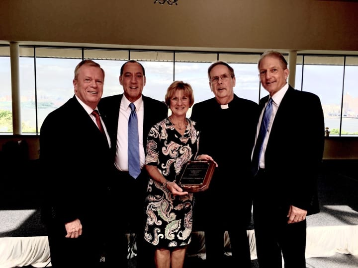 (from left) John Mitchell, Mayor Thomas Calabrese, Janet Merrill, Epiphany Pastor Fr. Ken Evans and Gerald Calabrese Jr.