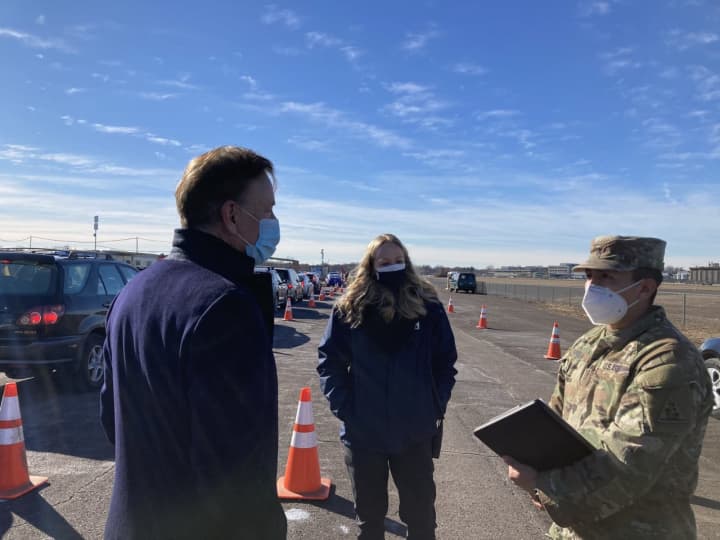Connecticut Gov. Ned Lamont at a mass COVID-19 vaccination site near Rentschler Field in East Hartford on Monday, Jan. 25.