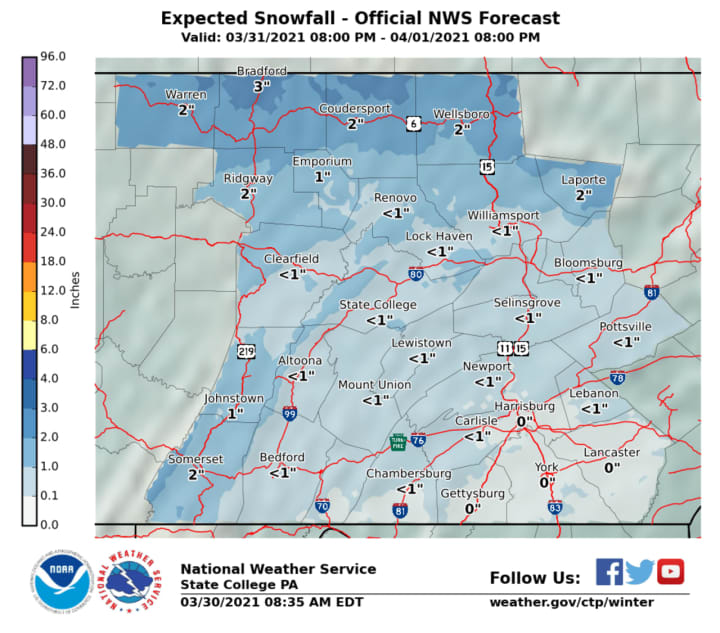 National Weather Service Expected Snowfall map for 3/31-4/1/2021.
