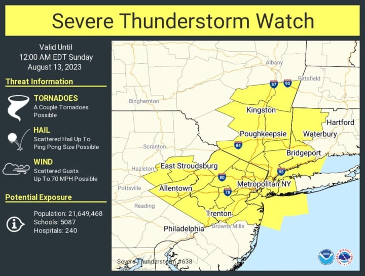 A Severe Thunderstorm Watch is now in effect for the counties in yellow until midnight Sunday, Aug. 13.