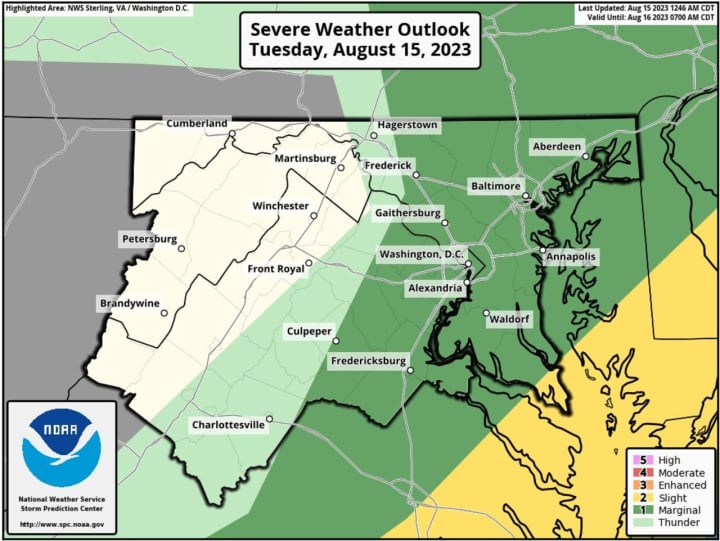 The Severe Weather Outlook for the area on Tuesday, Aug. 15.