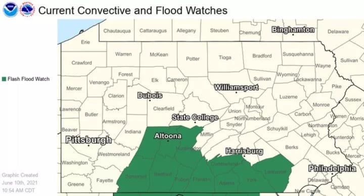 National Weather Service map of central Pennsylvania for a flood watch.