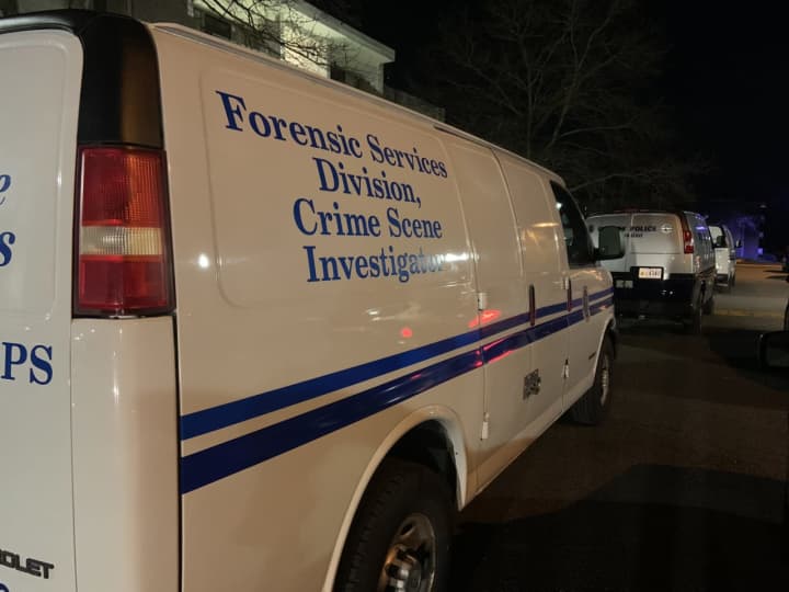 A forensics van on scene of the stabbing