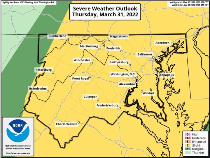 A Severe Weather Outlook is in effect for Maryland for Thursday, March 31