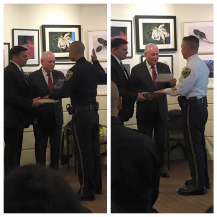 The Fairfield Police Department promoted two members Tuesday: Officer Michael Clark (left), who was promoted to detective, and Sgt. Edward Greene, who was promoted to lieutenant.