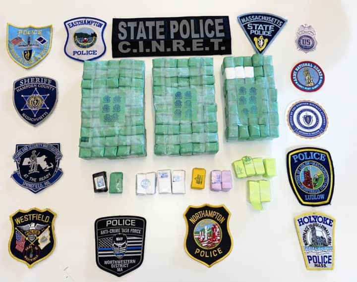 Police show off the fentanyl they say officers seized from Jose Rosado, 34, of Florence, during a traffic stop last week in Holyoke, Massachusetts State Police announced on Friday, March 31.