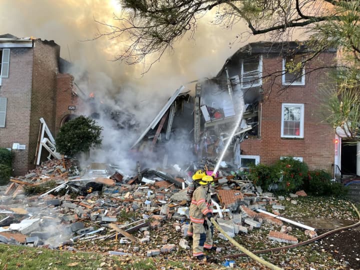 Crews at the scene of the Gaithersburg explosion on Thursday morning.