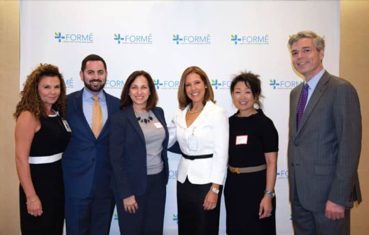 Left to right at Formé medical membership announcement: Gina Cappelli, Mike Lawler, Shirley Acevedo Buontempo, Maria Trusa, Yuiko Hebner, and White Plains Mayor Thomas Roach.