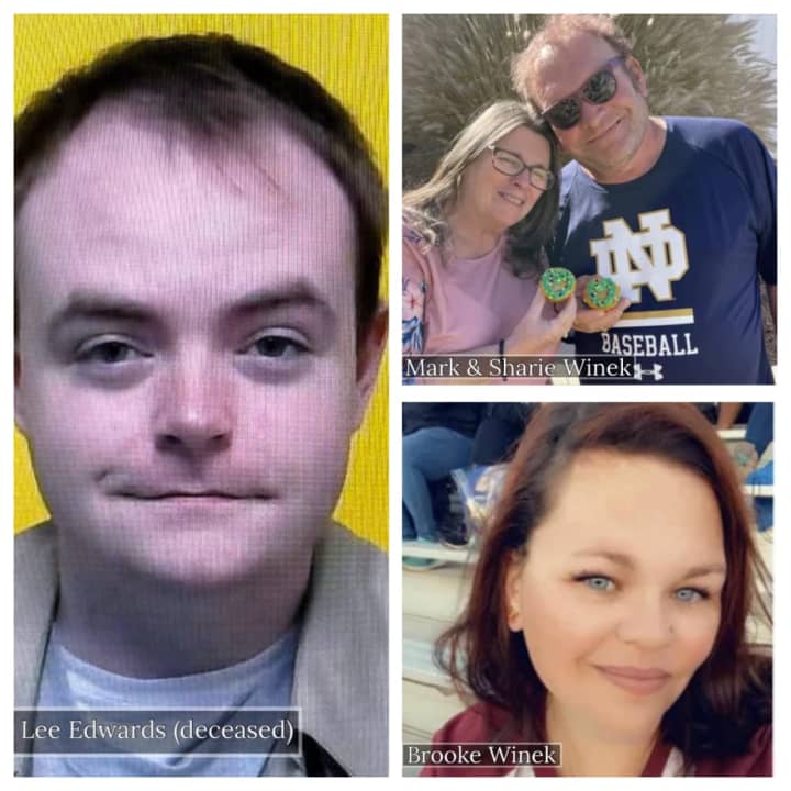 Austin Lee Edwards (left), is accused of killing Mark and Sharie Winek (top right), and their daughter Brooke Winek.