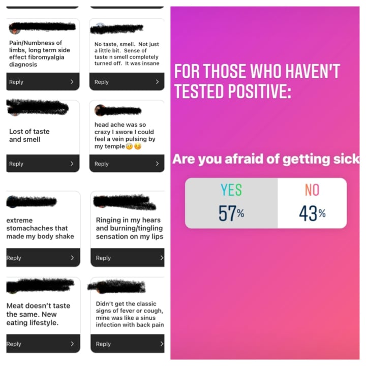 Left: Bizarre COVID-19 symptoms reported by Daily Voice Instagram followers. Right: 57 percent of Daily Voice IG followers reported a fear of getting sick with COVID-19.