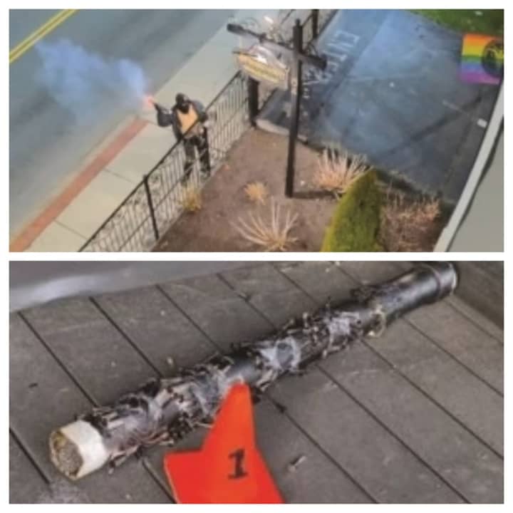 Surveillance video from the Satanic Temple in Salem shows a man throwing a pipe bomb at the Bridge Street building on April 8. It did minimal damage to the building.&nbsp;