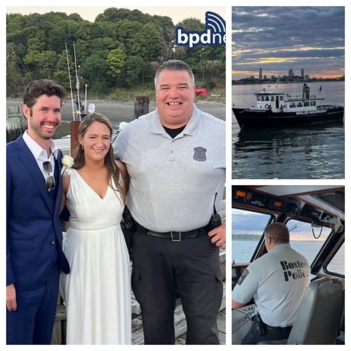 Boston officer Joseph Matthews poses with Patrick Mahoney and his bride, Hannah Mahoney, after he and his partner, Stephani McGrath, stepped up to deliver the groom and several wedding guests after their ferry broke down.