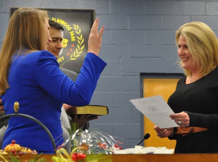 Magdalena Giadamenico (left) sworn as new councilwoman in Elmwood Park.